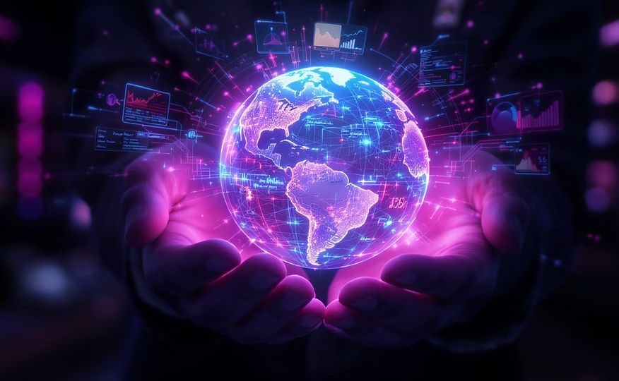 A glowing digital globe held in two hands