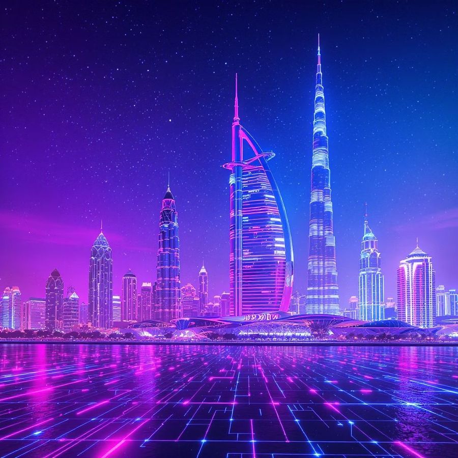 Dubai skyline with the Burj Al Arab and Burj Khalifa in neon light